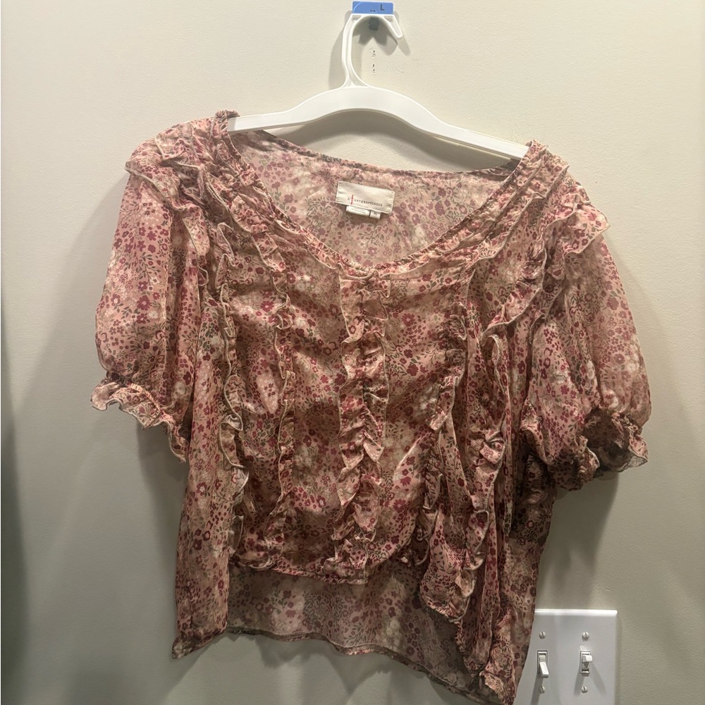 Anthropologie Pink Floral Ruffle V-Neck Blouse - Picture 4 of 7